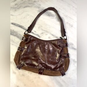 Berge Brown Leather Shoulder Purse with Suede and Buckles